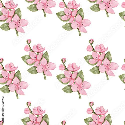 Cherry blooming flowers watercolor bouquet seamless pattern © bramthestocker