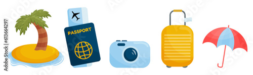 Cartoon summer elements, travel, beach, summertime accessory.  Passport with air tickets, palm, beach, camera, luggage, parasol. Vector  isolated illustration.