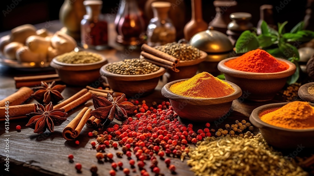 Spices on table A professional photography should use a high - quality Generative AI