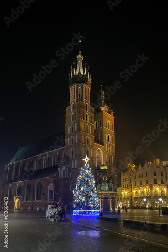 Basilica of Saint Mary in Krakow  Poland at night in winter.