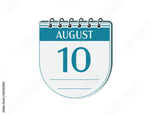 10 august round retro calendar page vector. 3d one day calendar, date appointment, business planner, event reminder illustration. Abstract three dimensional daily date old calendar. 