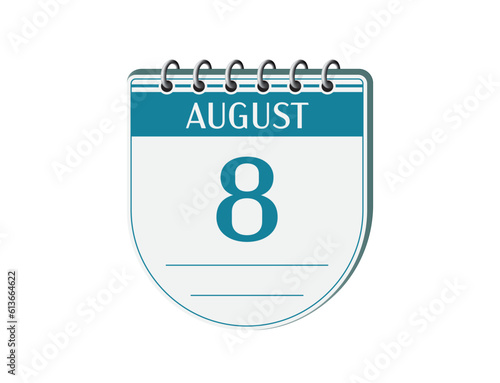 8 august round retro calendar page vector. 3d one day calendar, date appointment, business planner, event reminder illustration. Abstract three dimensional daily date old calendar. 