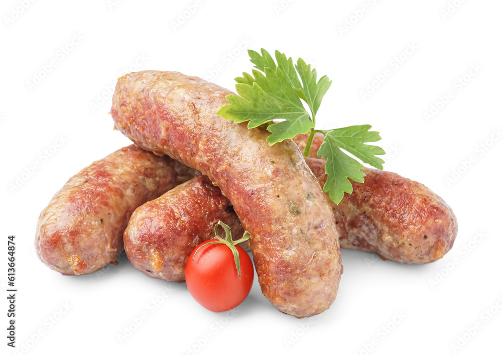 Tasty homemade sausages isolated on white background Tasty homemade sausages isolated on white background