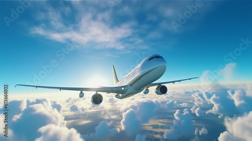 transport by airplane with blue but cloudy sky in the background