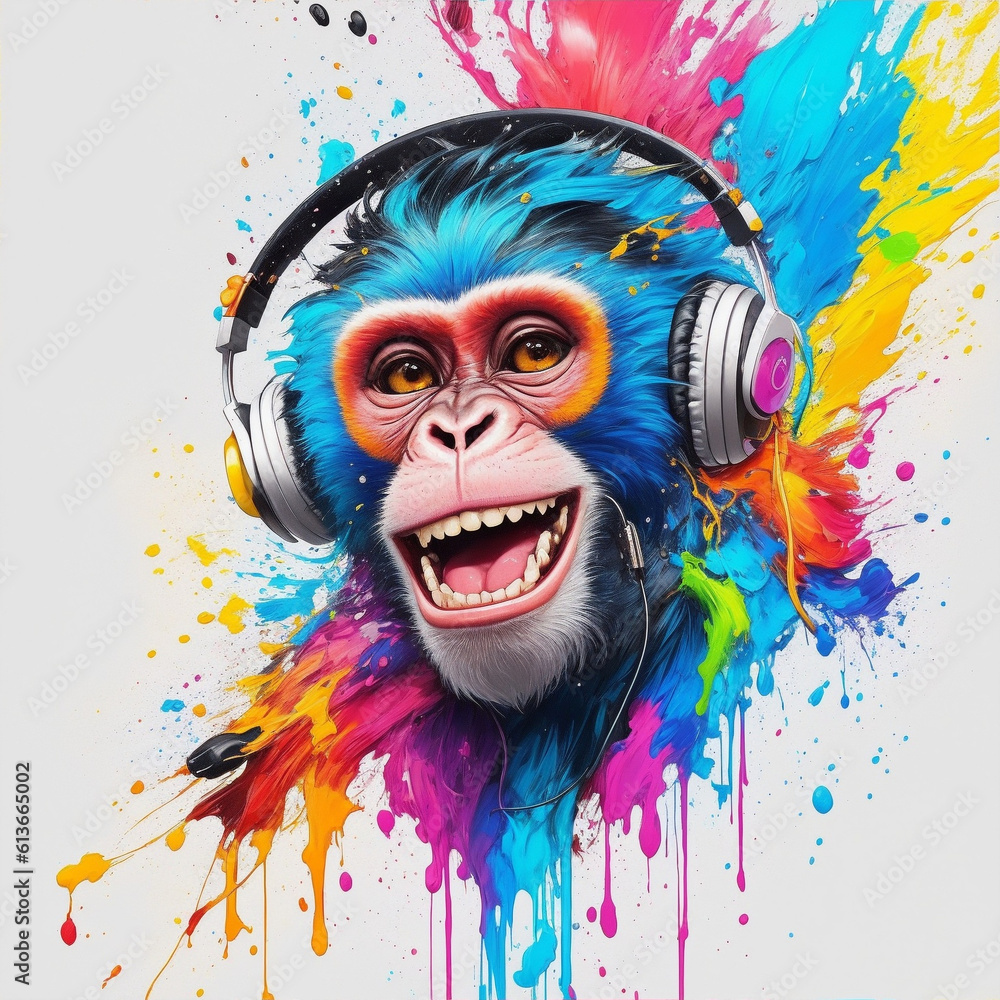 Cartoon colorful monkey with headphones splash painting -Generative AI