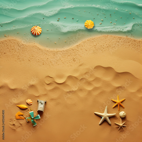 Palm leaf, starfishes, seashell and space for text on beach sand, flat lay. Summer vacation. AI generated