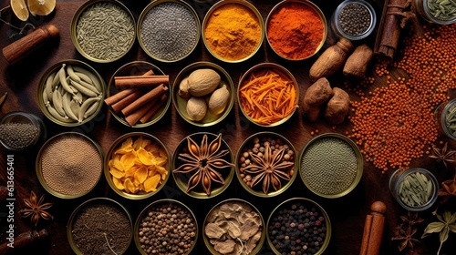 Fototapeta Naklejka Na Ścianę i Meble -   various exotic Spices from around the world, International cuisine, graphic resources, Food-themed, Horizontal format in JPG. Generative AI
