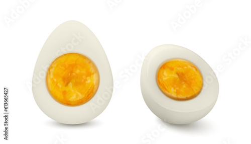 Vector 3d Realistic Halved Chicken Egg Set. Peeled Boiled Chicken Egg, Hard-Boiled Chicken Egg With Yolk Closeup Isolated, Cut in Half, Front, Side View
