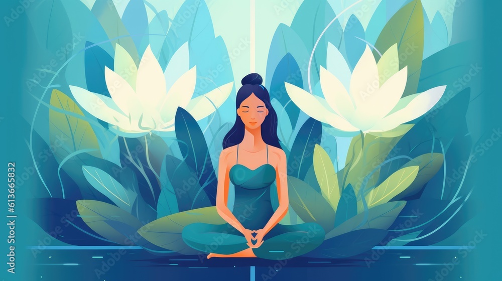 A woman meditates in nature and goes into a trance. Conceptual illustration for yoga, meditation, relaxation, healthy lifestyle. illustration in a flat style. Generative AI.