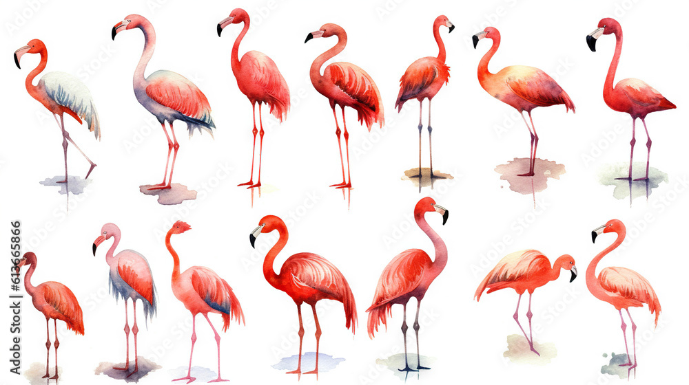 Fototapeta premium watercolor stickers of toucan and flamingo in summer, ai generative