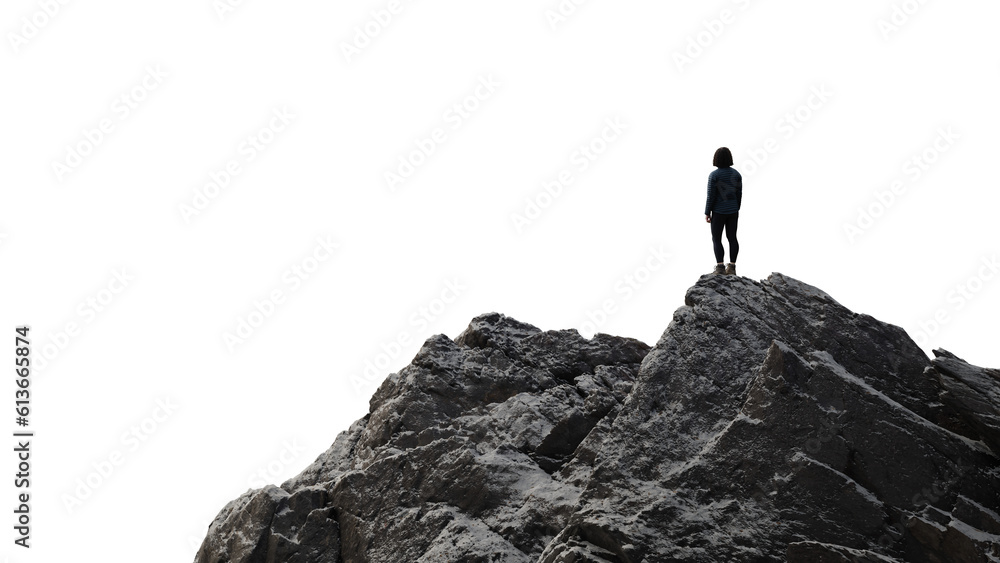 Woman on top of a Rocky Mountain Peak. Adventure PNG Cutout for composites