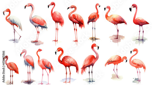 watercolor stickers of toucan and flamingo in summer, ai generative