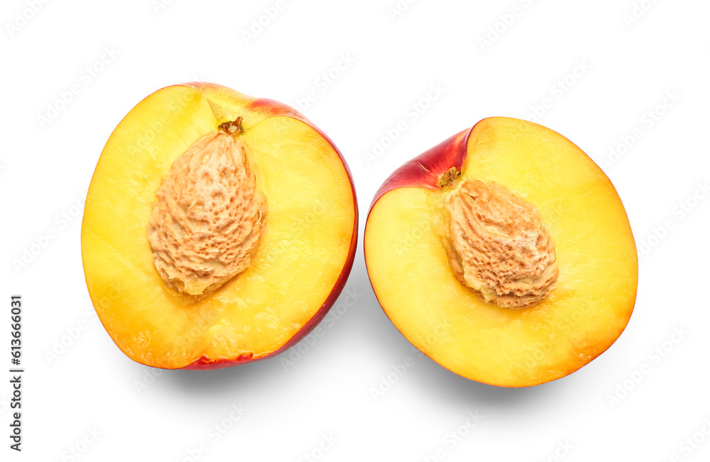 Halves of sweet peach on white background Halves of sweet peach on white background