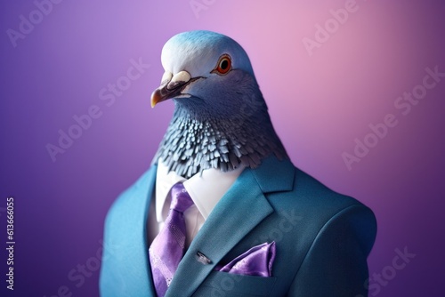Anthropomorphic Pigeon dressed in a suit like a businessman. Business Concept. AI generated, human enhanced