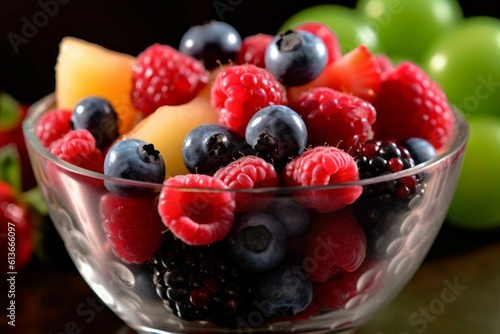 Appetizing delicious fruit salad with berries. The concept of proper nutrition and vitamins in the crop. AI generated