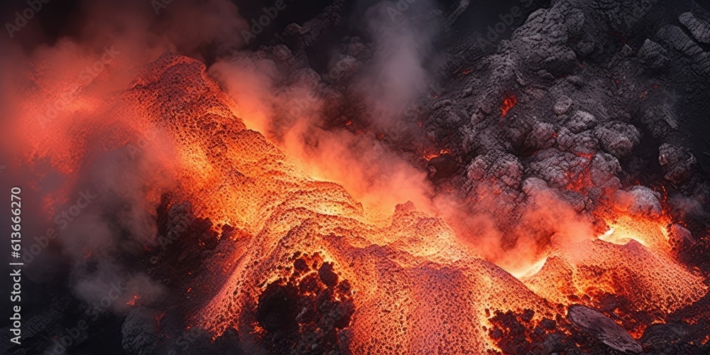 Violent Volcanic Eruptions, with fire lave and smoke Nature-themed, horizontal format in JPG. Generative AI