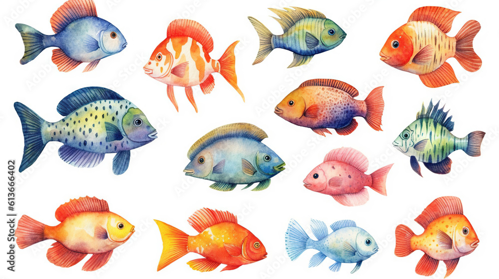 Fototapeta premium watercolor stickers set of under water life, ai generative