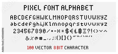 Pixel Font old Computer vector Alphabet in 8bit video display Bitmap, Arcade game Dos Unix RGB style - 100 characters letters and numbers