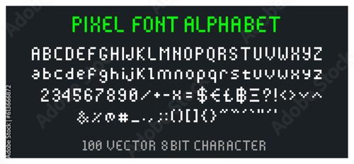 Pixel Font old Computer vector Alphabet in 8bit video display Bitmap, Arcade game Dos Unix RGB style - 100 characters letters numbers  and signs
