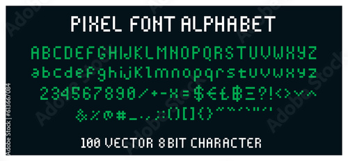 Green Pixel Font old Computer vector Alphabet in 8bit video display Bitmap, Arcade game Dos Unix RGB style - 100 characters letters and numbers
