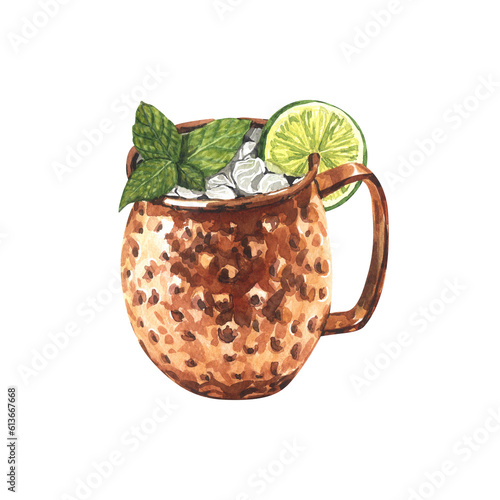 Watercolor moscow mule cocktail with lime and mint leaves ice, in a copper mug. Hand-drawn illustration isolated on white background.Perfect for recipe lists with alcoholic drinks, brochures for cafe
