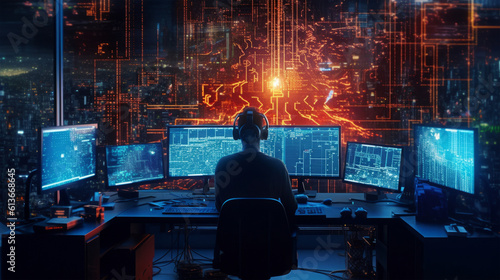 hacker working on computer 4k wallpaper with AI tech