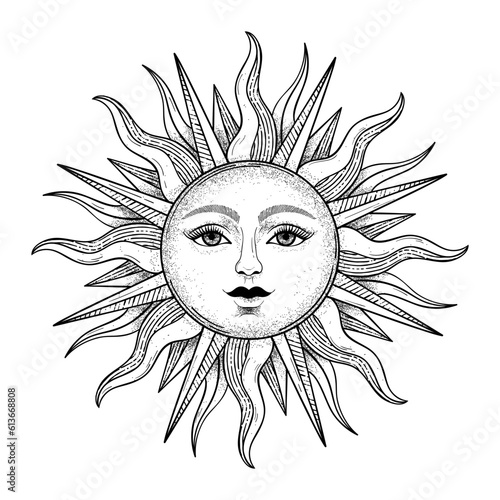 Vector vintage sun with a face  engraving style  esoteric and occult magic signs isolated on white background