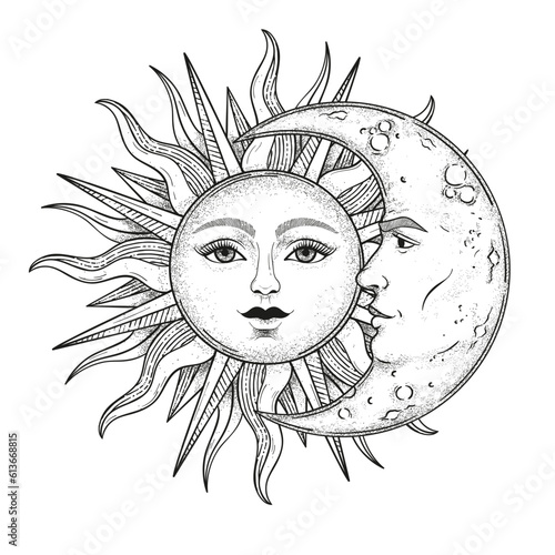 Vector vintage sun and crascent moon with a fface, engraving style, esoteric and occult magic signs isolated on white background