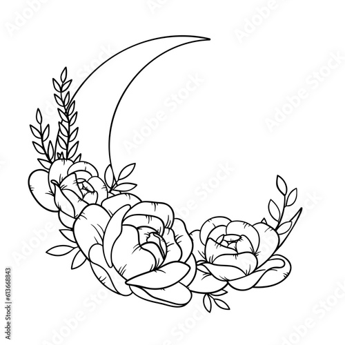 Vector line art mystical celestial magic witchcraft elements. Esoteric crescent moon, peony rose, leaves stars, line art.