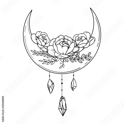 Vector line art mystical celestial magic witchcraft elements. Esoteric crescent moon, crystal, peony rose, stars, leaves, line art.