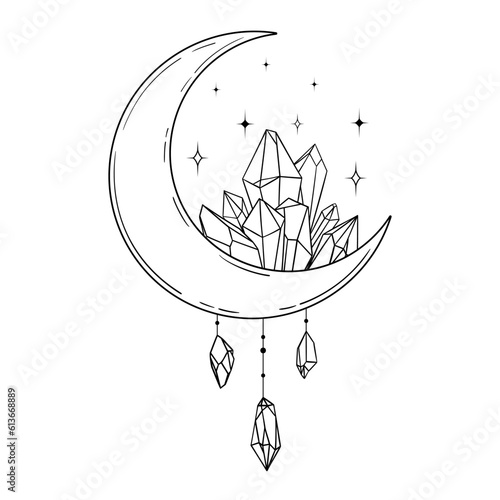 Vector line art mystical celestial magic witchcraft elements. Esoteric crescent moon, crystals stars, line art.