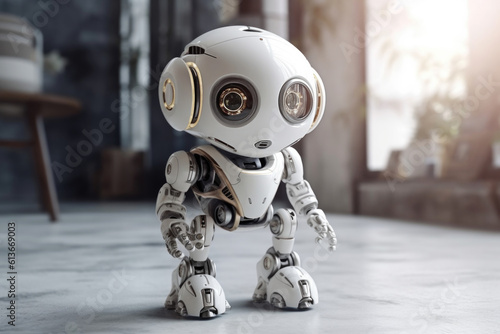 Friendly cute AI robot helper servant in home. Generative AI.