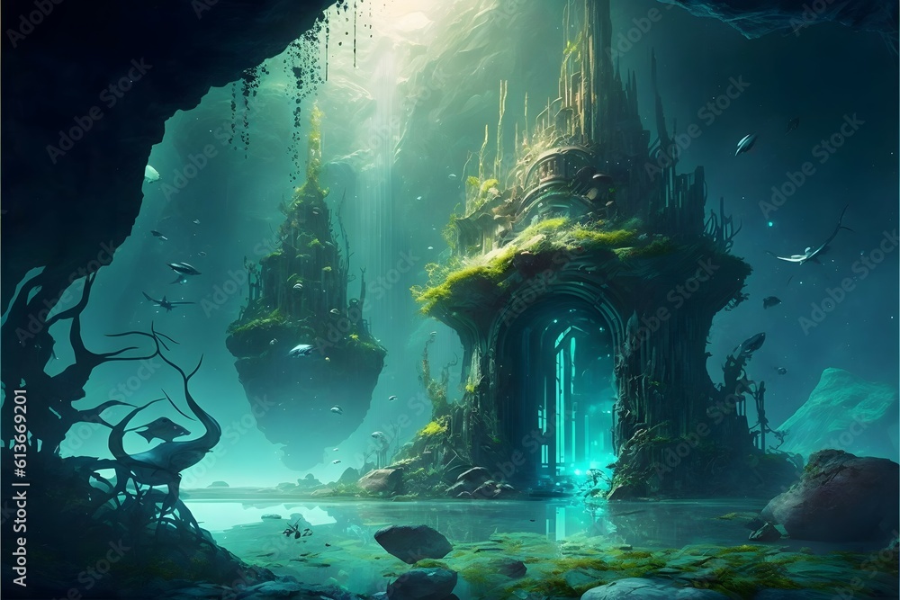 ancient alien city carved out of a giant ancient cavern, ultra modern