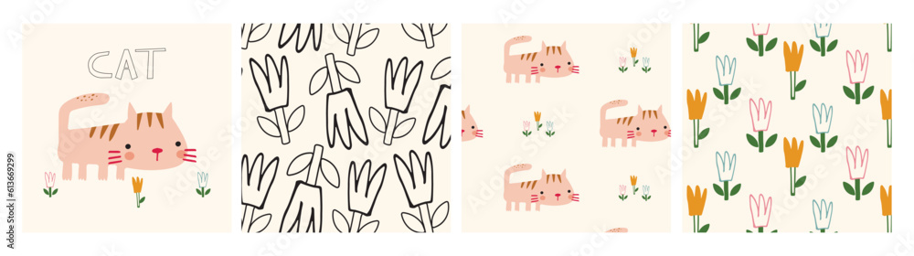 Fototapeta premium cute collection of patterns and illustrations with cat and flowers.