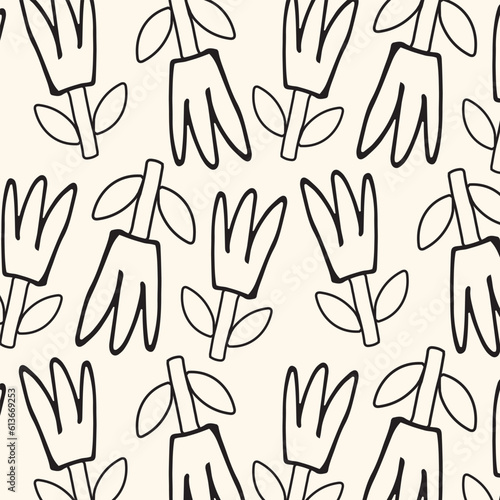 trendy pattern with flowers in a line on a beige background.