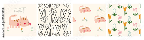cute collection of patterns and illustrations with cat and flowers.