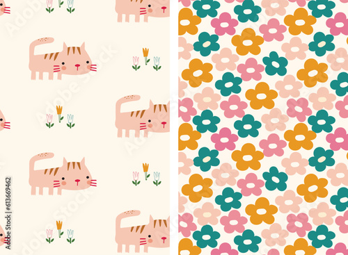 set of patterns with colorful flowers and domestic red cat in cartoon style