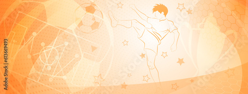 Abstract soccer background with a football player kicking the ball and other sport symbols in yellow colors