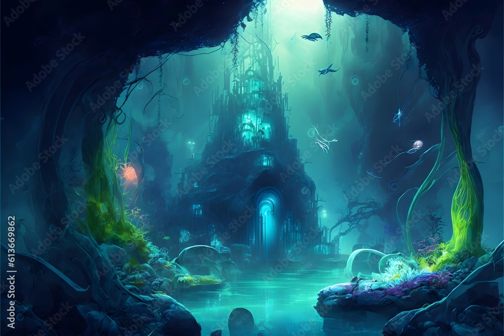 alien splitlevel city carved out of a giant ancient cavern, ultra