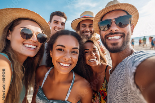 Multi racial diverse friends taking selfie at beach party festival. Happy life style and summer holidays concept on trendy generation people having fun day together out side. generative ai © Imagine
