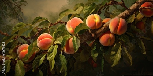 Delicious, Ripe peaches hanging on branches in Fruit-themed, horizontal format in JPG. Generative AI