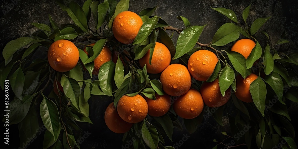 Delicious, Ripe oranges hanging on branches Fruit-themed, horizontal format in JPG. Generative AI Delicious, Ripe oranges hanging on branches Fruit-themed, horizontal format in JPG. Generative AI