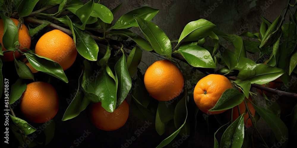 Delicious, Ripe oranges hanging on branches Fruit-themed, horizontal format in JPG. Generative AI Delicious, Ripe oranges hanging on branches Fruit-themed, horizontal format in JPG. Generative AI