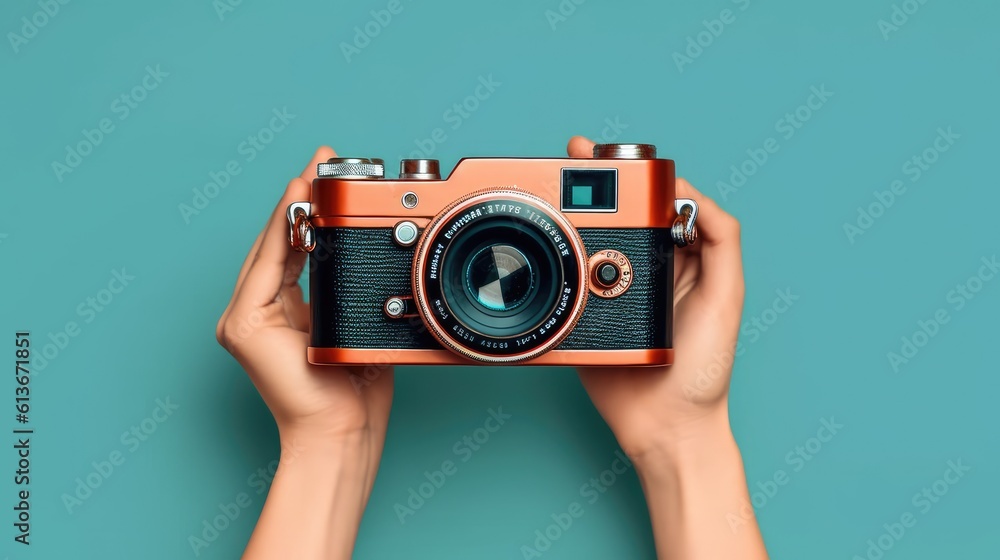 World Photographer's Day. Hold the retro camera in your hand on a neutral background. Printing on paper and textiles. Greeting cards for the holiday photos. generative ai