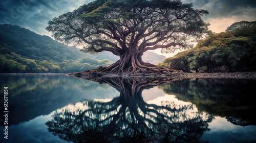 reflective nature portrait of huge tree and lake. tree reflecting on water © Boraryn