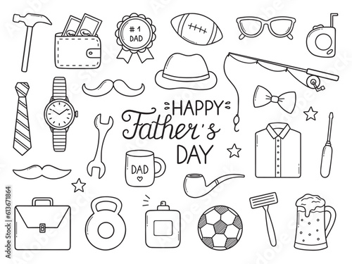 Happy Father's day doodle set. Tie, mustache, hat, hammer, glasses, watch in sketch style. Hand drawn vector illustration isolated on white background