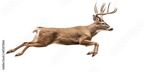 a Whitetail deer Buck, running and jumping, elusive animal, Wildlife-themed, photorealistic illustrations in a PNG, cutout, and isolated. Generative AI