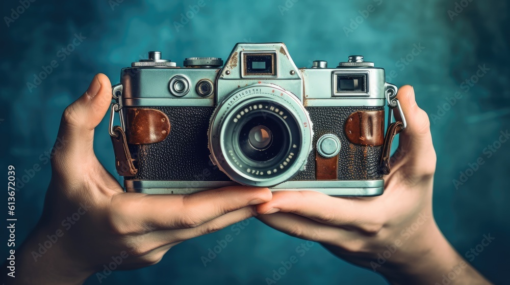 World Photographer's Day. Hold the retro camera in your hand on a neutral background. Printing on paper and textiles. Greeting cards for the holiday photos. generative ai