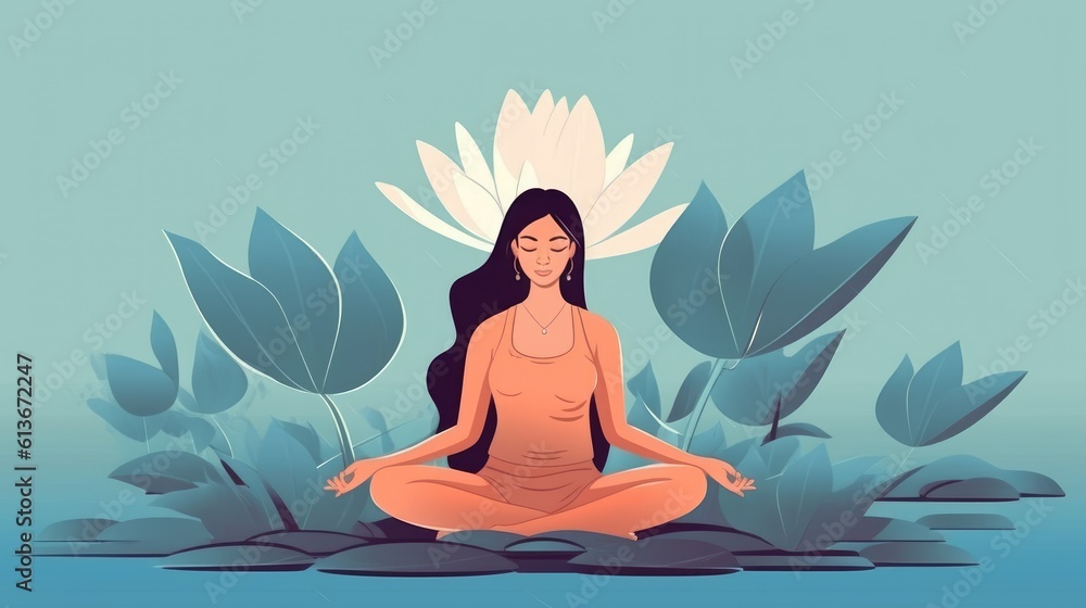 A woman meditates in nature and goes into a trance. Conceptual illustration for yoga, meditation, relaxation, healthy lifestyle. illustration in a flat style. Generative AI.