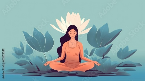 Wallpaper Mural A woman meditates in nature and goes into a trance. Conceptual illustration for yoga, meditation, relaxation, healthy lifestyle. illustration in a flat style. Generative AI. Torontodigital.ca